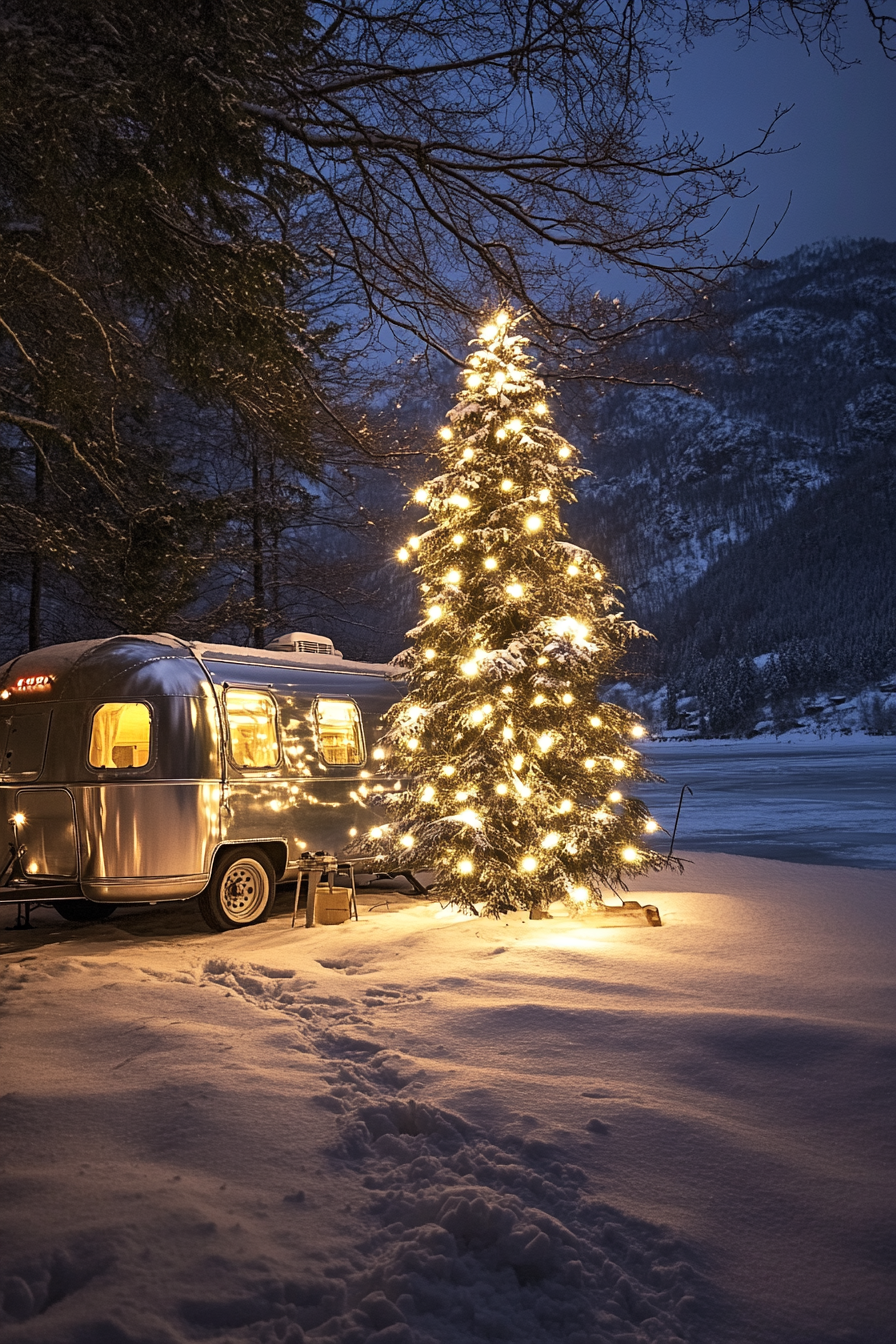 Wide angle holiday interior. Aluminum tree by frozen lake Night lights on a classic caravan.