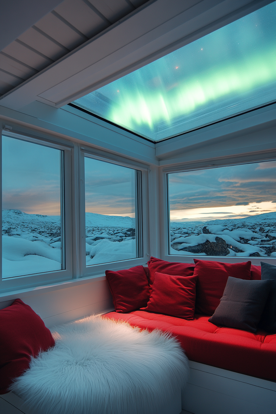 Scandinavian space panoramic view, red cushioned white love seat, skylight viewing northern lights.