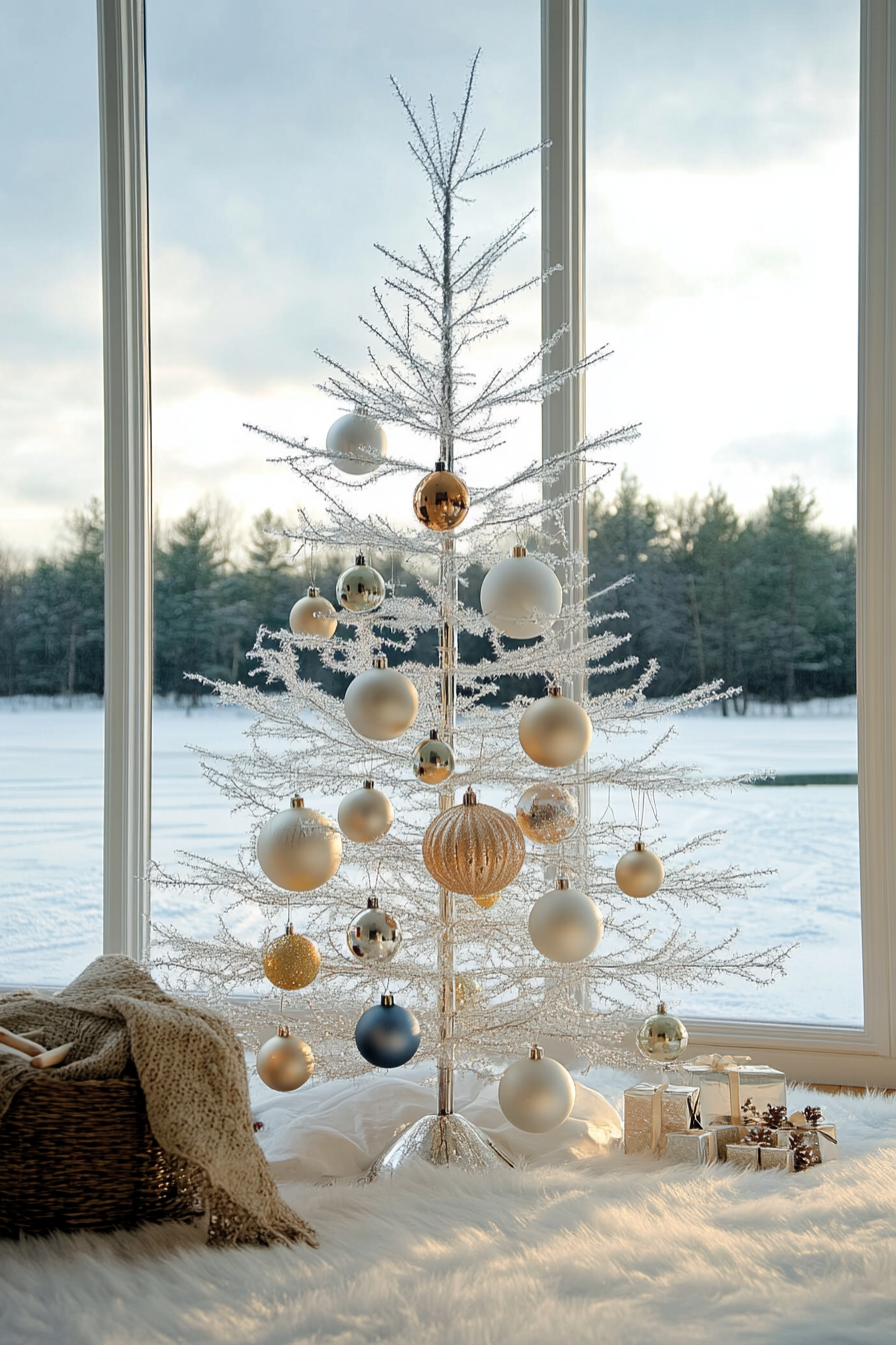 Wide-angle view. Classic ornaments and aluminum tree by frozen lake in a holiday retro-style interior.