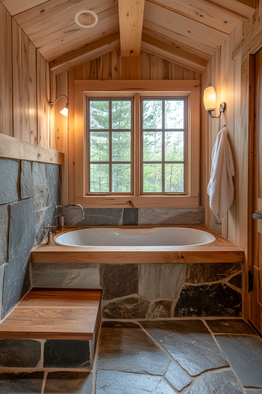 Natural tiny house bathroom. Wide angle view, cedar tub edge, stone floors.