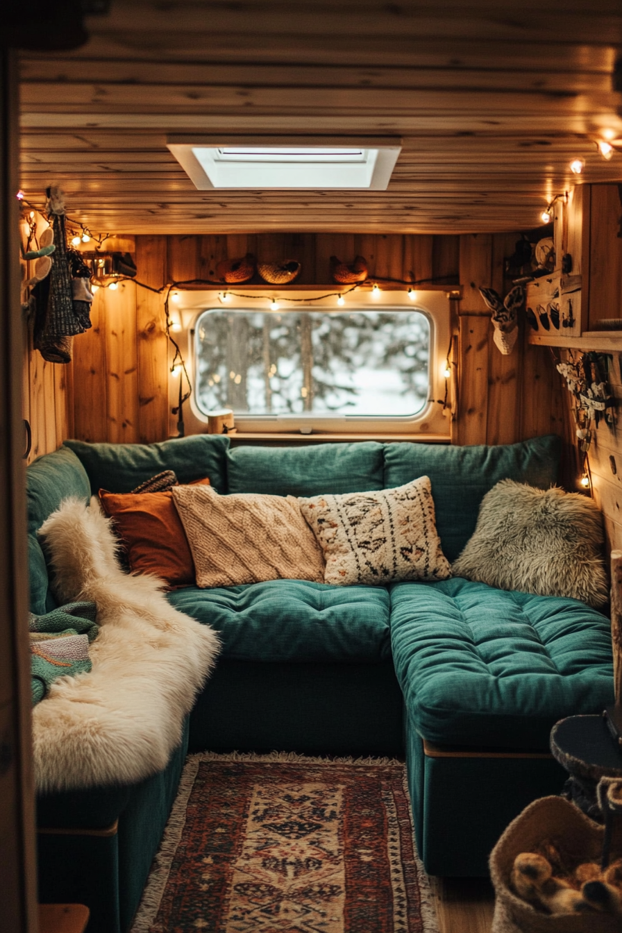 Scandinavian camper lounge. Wool throws on L-shaped teal sofa, pine wood accents, dimmed fairy lights.