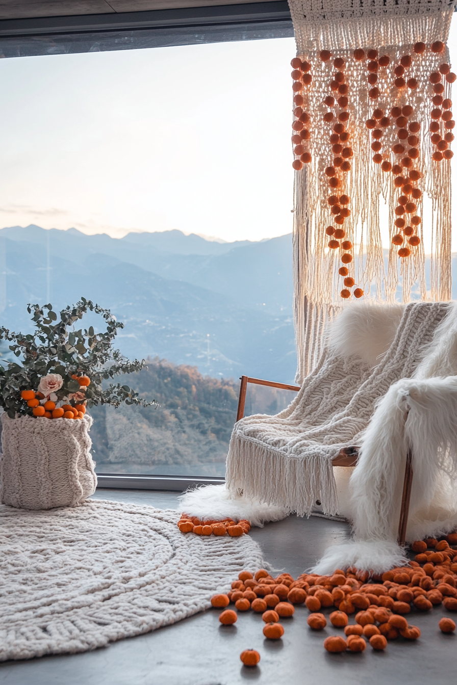 Holiday space. Macramé stockings, dried orange garlands, mountain sunset view. Wide angle.