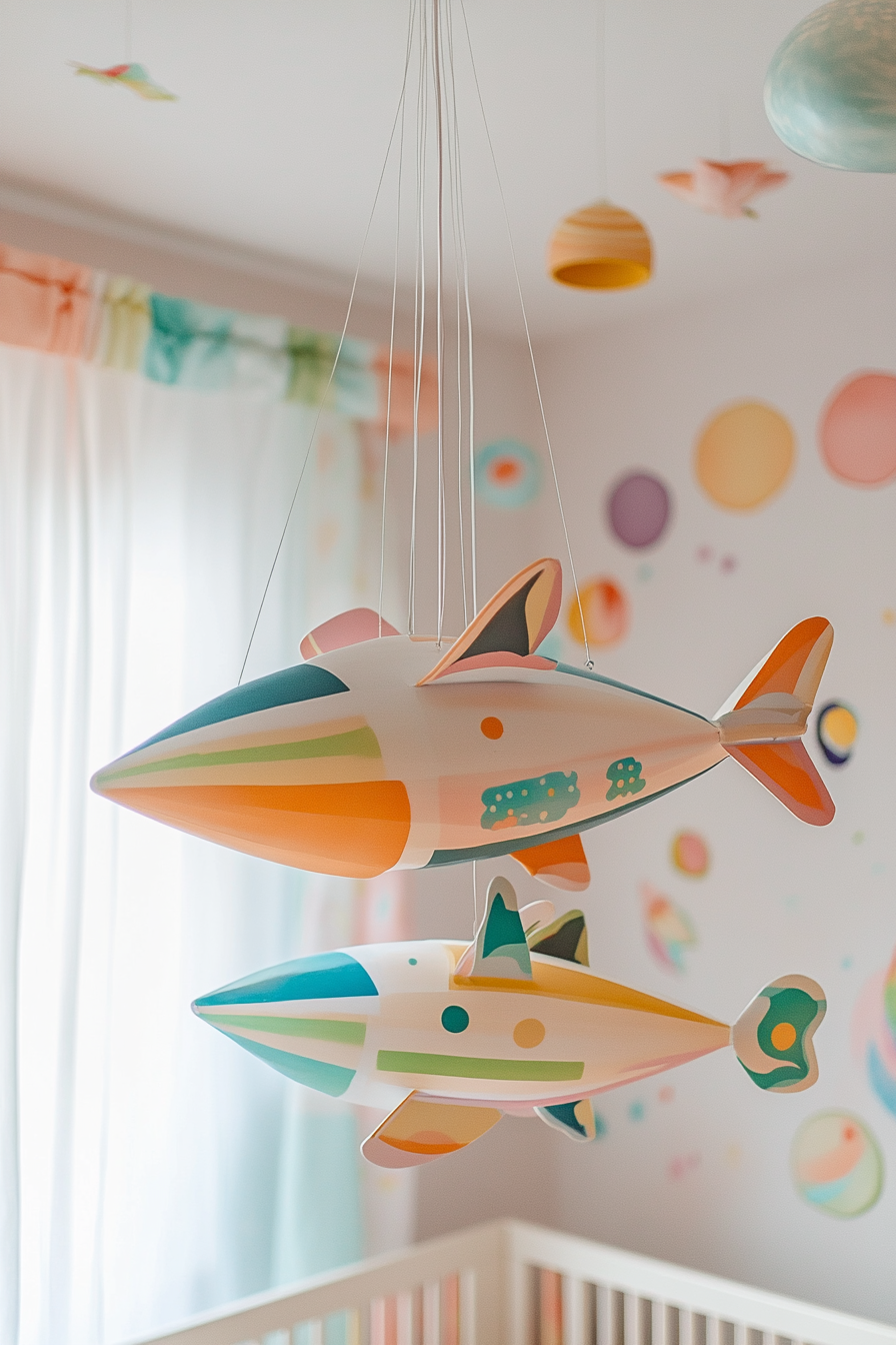 Wide angle view of cheerful baby space. Sculptural spaceship mobile in pastel rainbow hues.