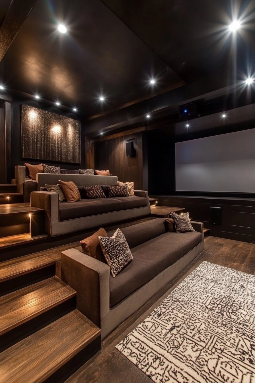 Contemporary tiny theater. Dark mahogany tiered seating, surround sound, projector wall.