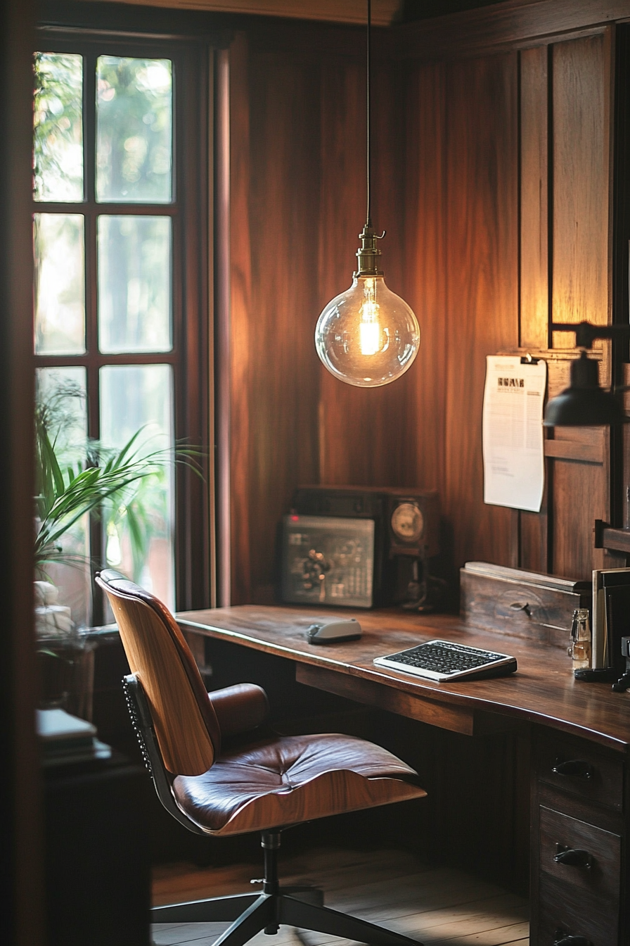 Wide angle view. Vintage Eames chair under hanging edison bulb, walnut-paneled workspace.