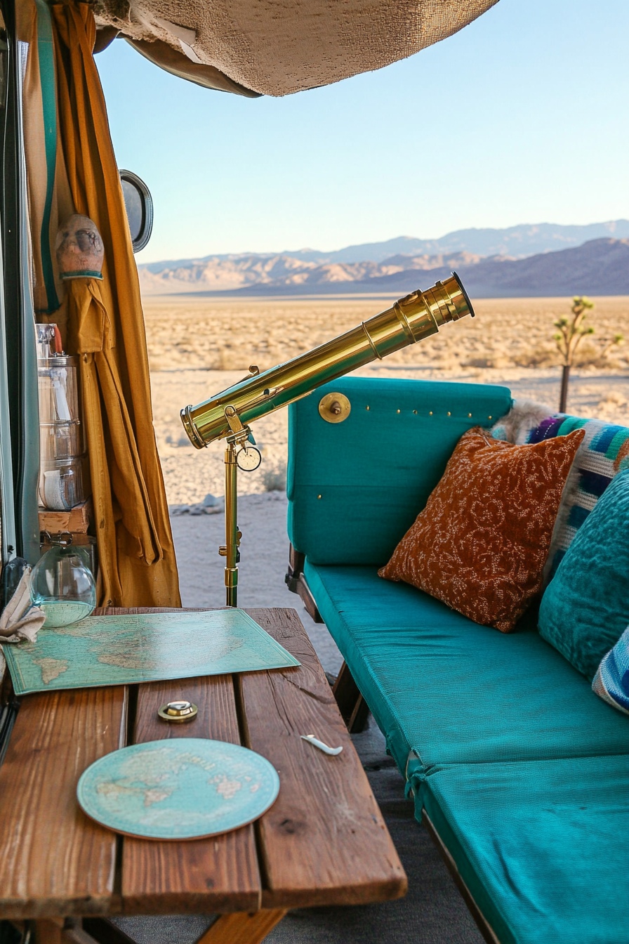 Van rooftop. Teal loungers, brass telescope mount, star map laden wooden table, desert view.