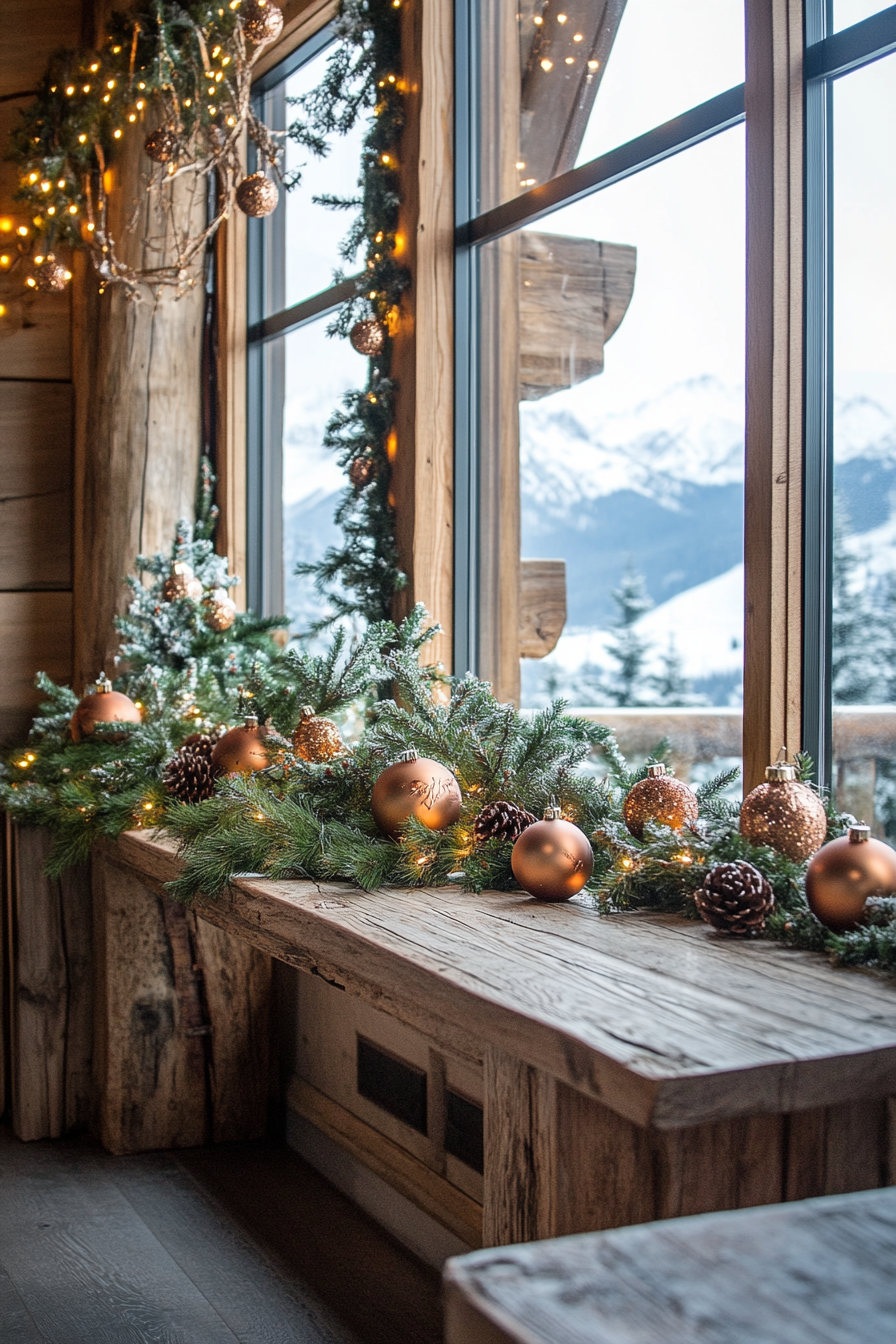 Farmhouse-style space. Pine garlands, wooden ornaments, wide-angle snowy mountain view.