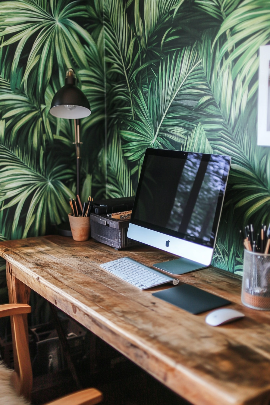 Tropical-modern tiny office. Emerald palm leaf wallpaper.