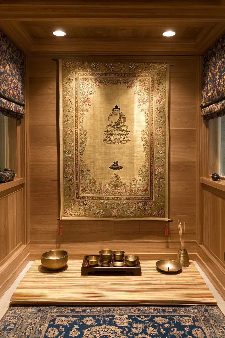 Zen-style Van Meditation Room. Wall-mounted Buddhist Thangka, bamboo mat, brass incense holder, small singing bowls.