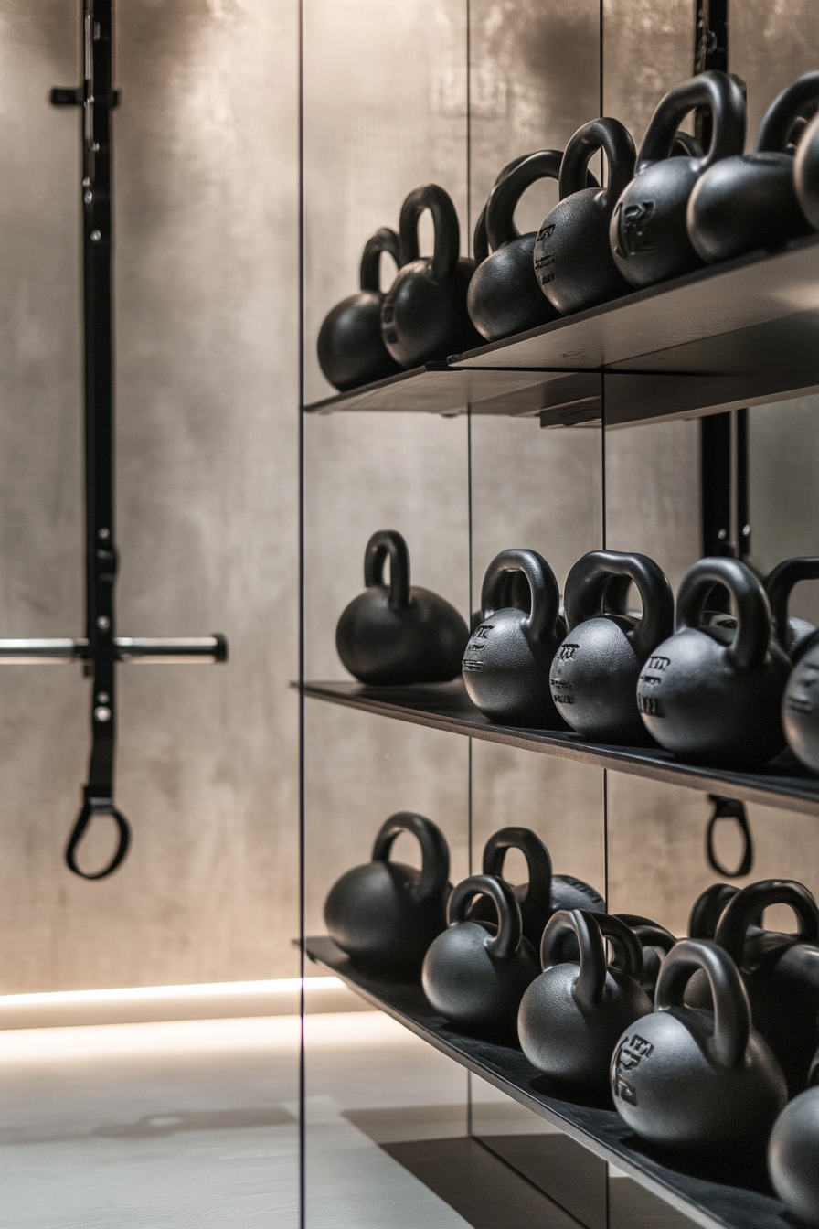 Contemporary tiny gym. Mirror wall, adjustable kettlebells on floor-to-ceiling shelf, wall-mounted pull-up bar.