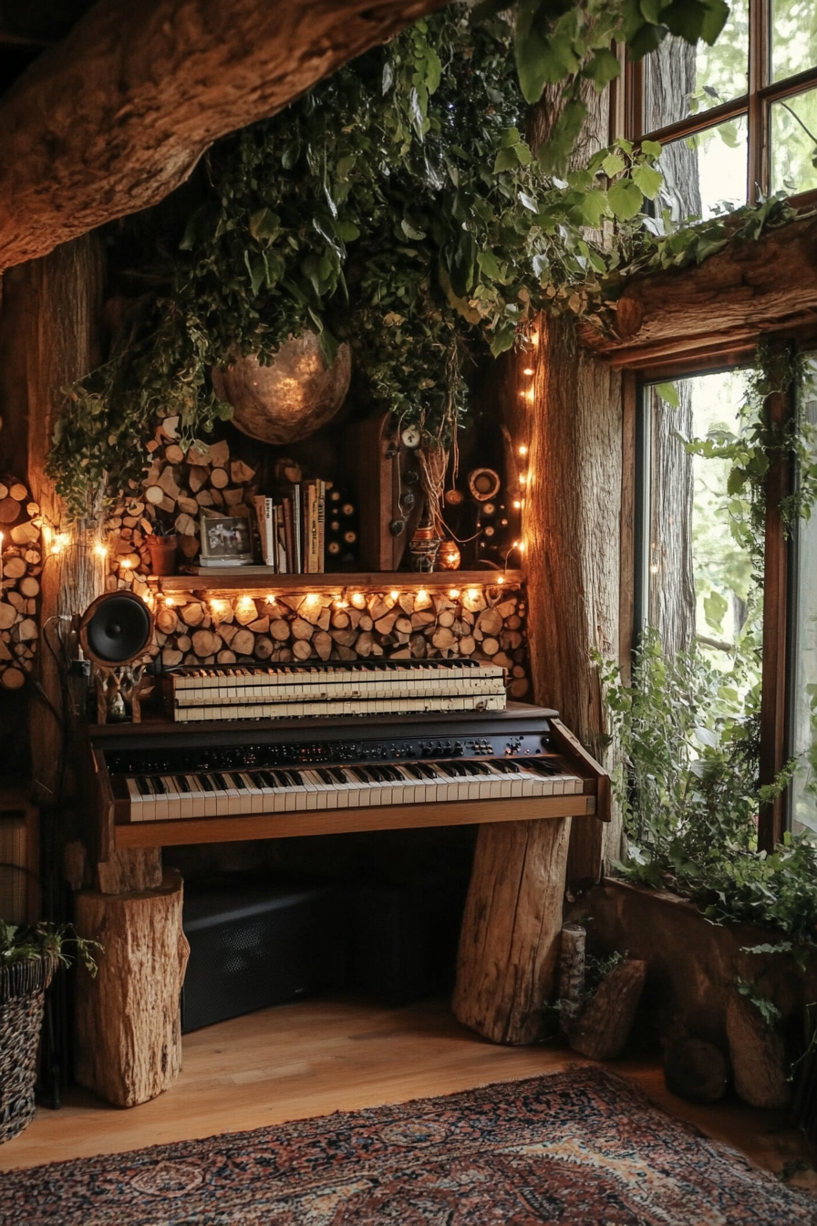 Woodland-style music room. Foraged timber keyboard mount.