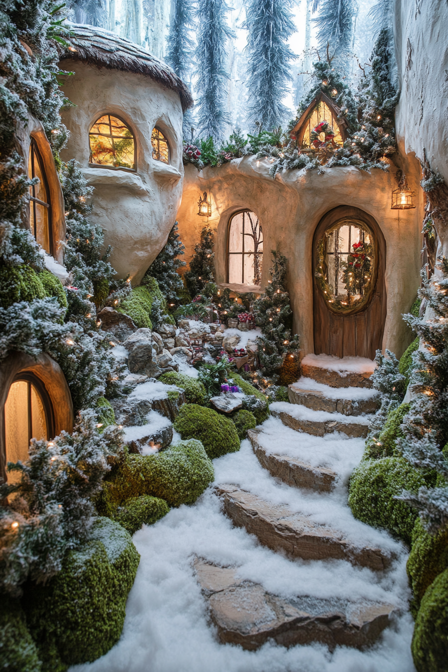 Whimsical holiday space. Wide angle view with moss-centric woodland decoration amid snowy pines.