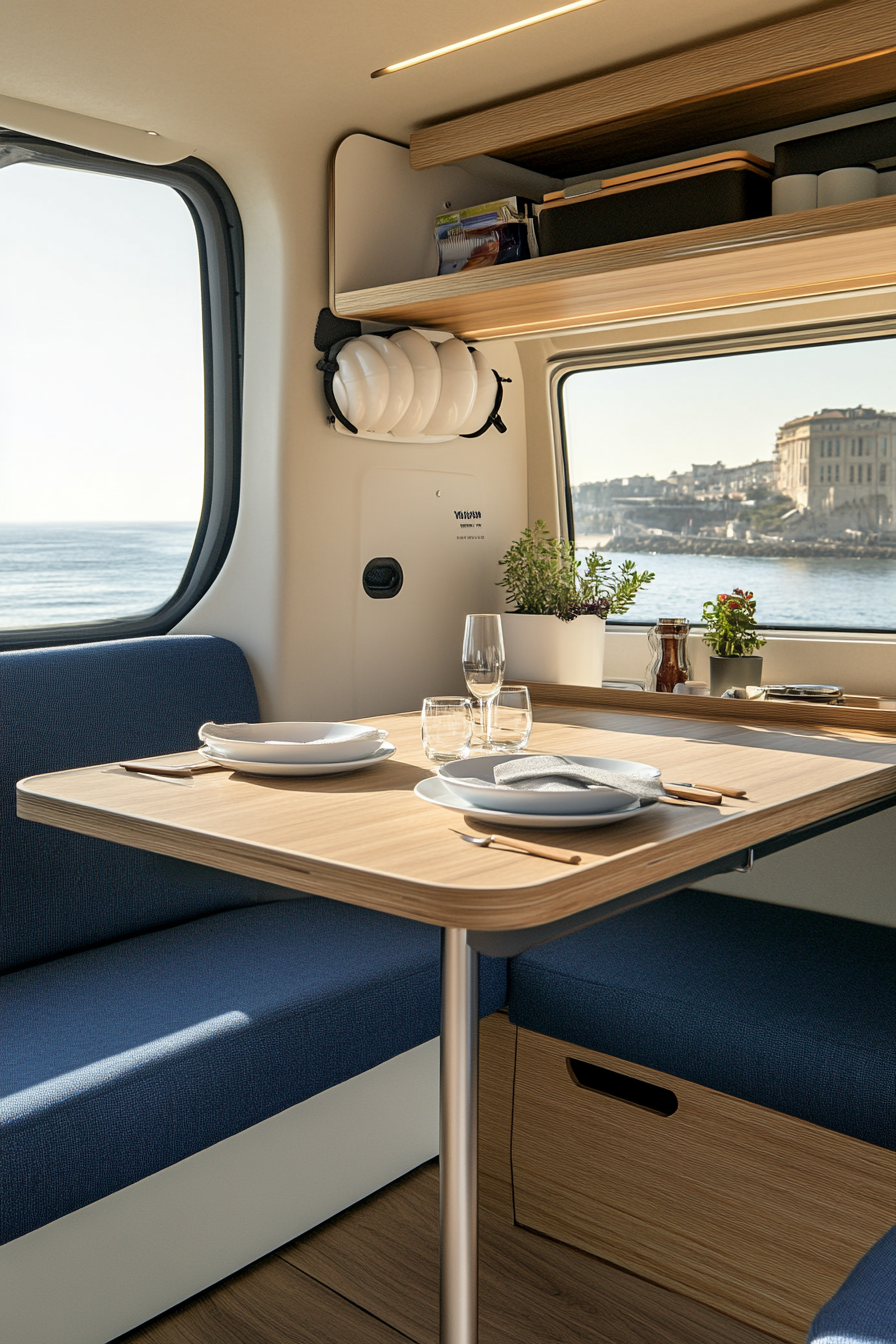 Van dining area. Fold-out wooden table with white shell decor and blue upholstered seats.