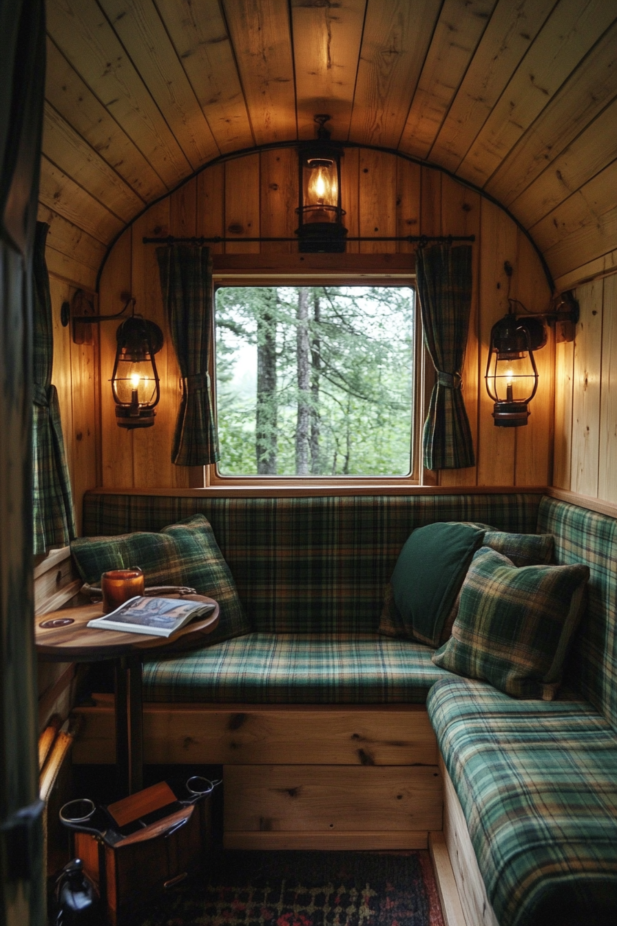 Woodland-style van lounge. Green plaid cushions on pine paneling with lantern lighting.