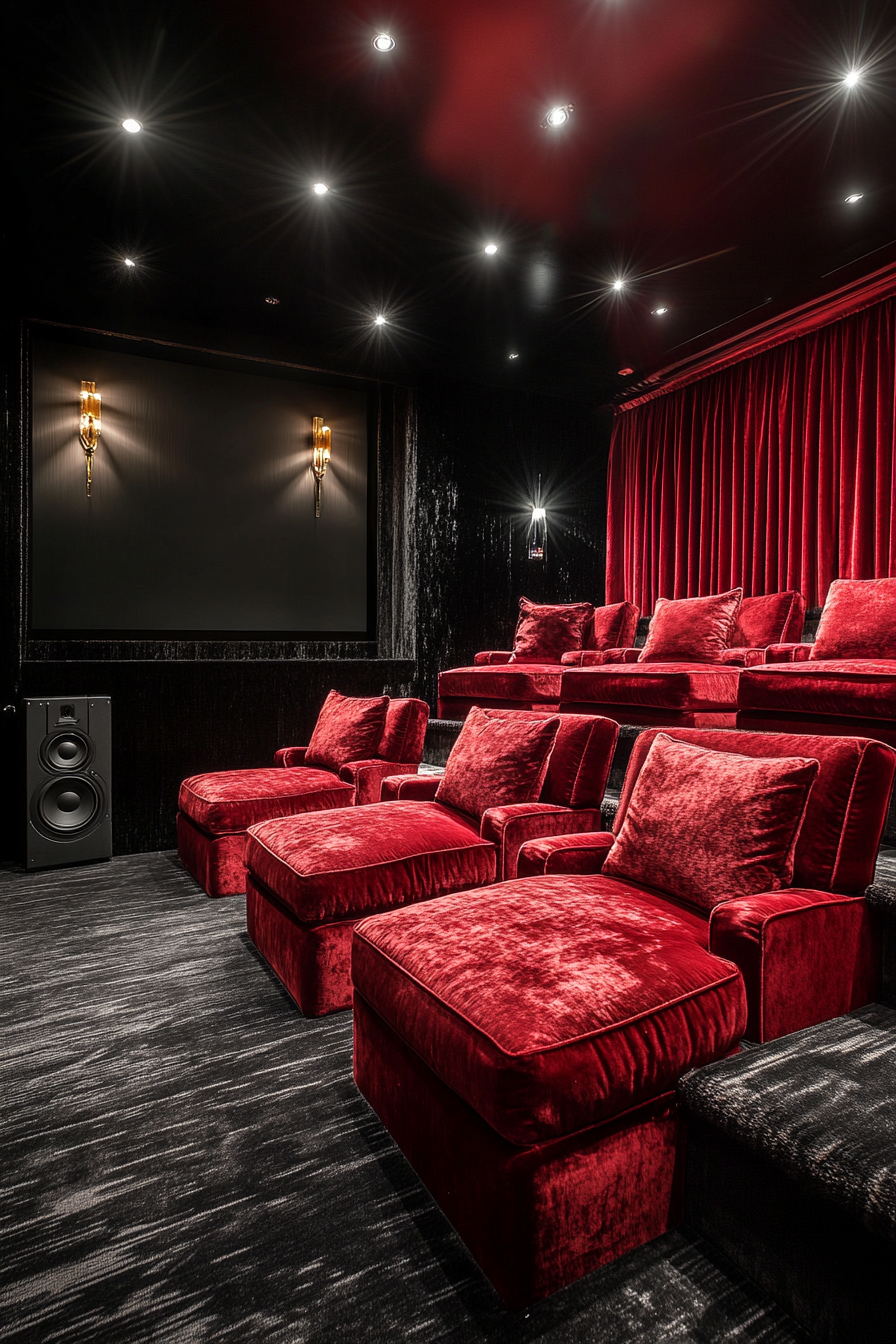 Contemporary tiny theater. Red velvet tiered seating, black high gloss projector wall, vintage surround sound speakers.