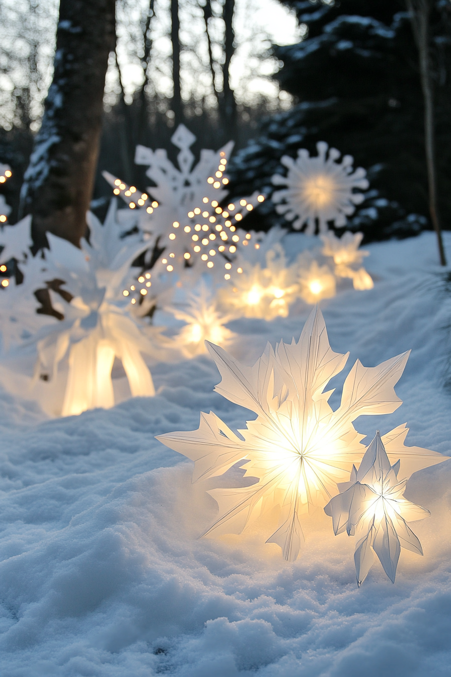 Modern Christmas décor. Wide-angle frost-covered valley with white-lit paper snowflakes.