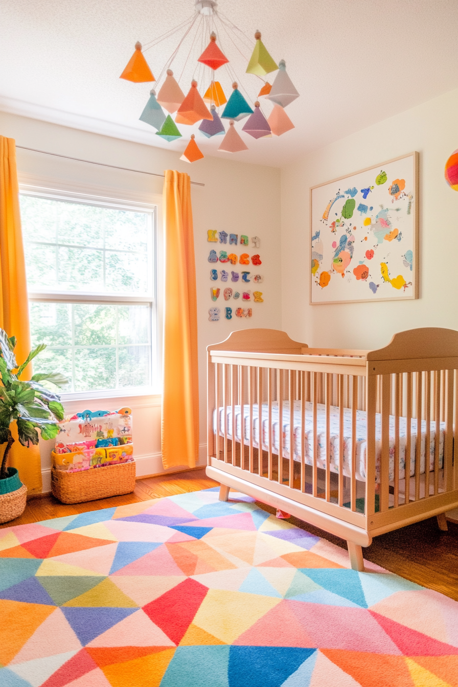 Wide-angle view of cheerful baby space. Spectrum-colored geometric rug with vibrant mobile above cot.