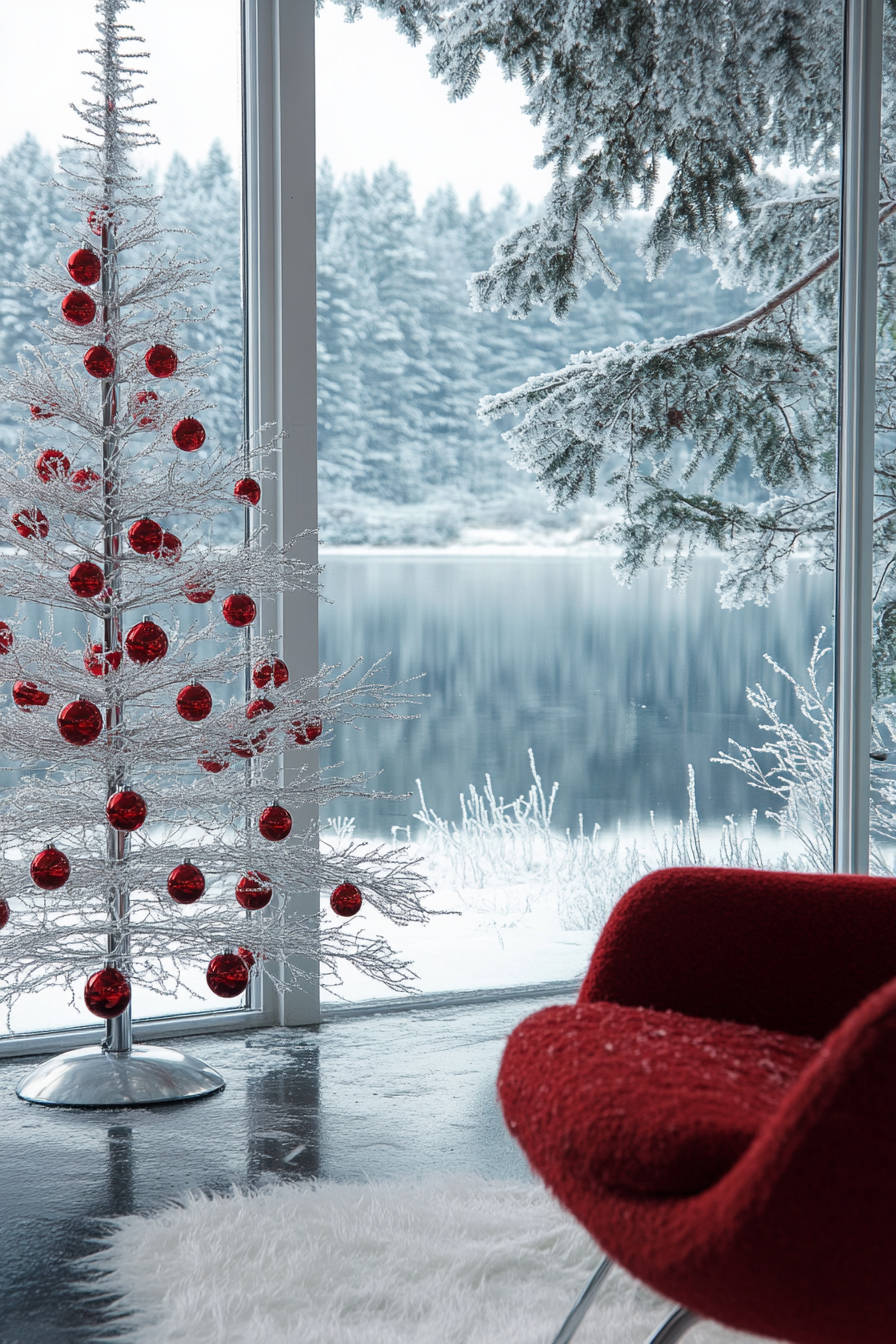 Retro holiday interior. Aluminum tree adorned with red baubles, overlooking frost-ridden lake.