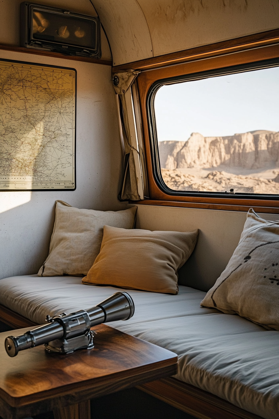 Van rooftop in desert view. Sand-colored cushions on two loungers, star map on mahogany table, silver telescope.