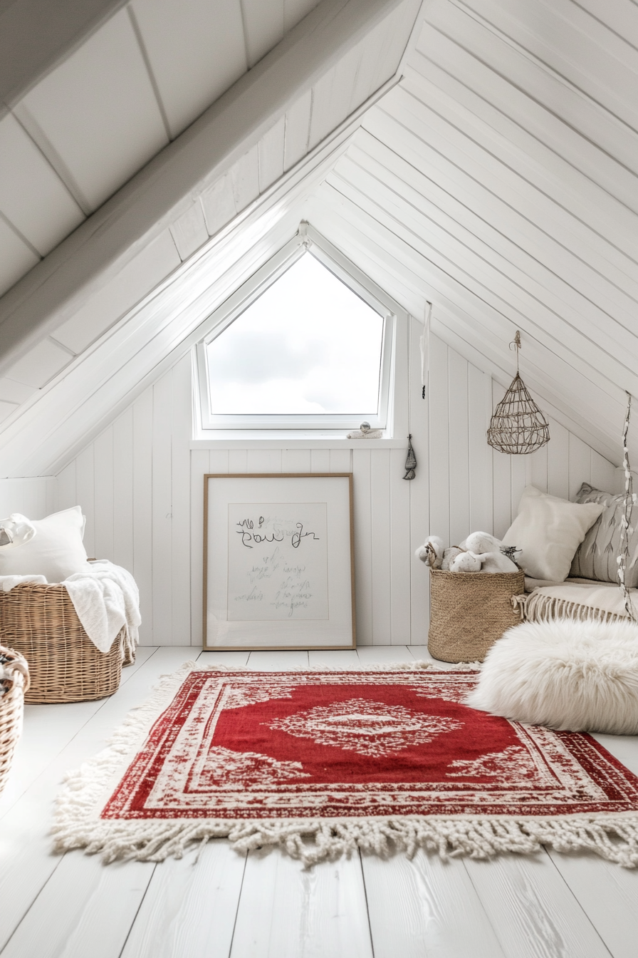 Scandinavian-inspired space. Red and white decorations, skylight frames northern lights.