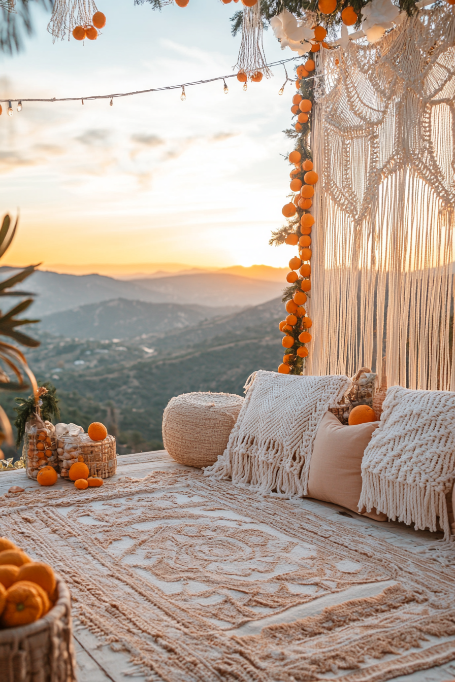 Wide angle view of holiday space. Macramé stockings, dried orange garlands, mountain sunset.