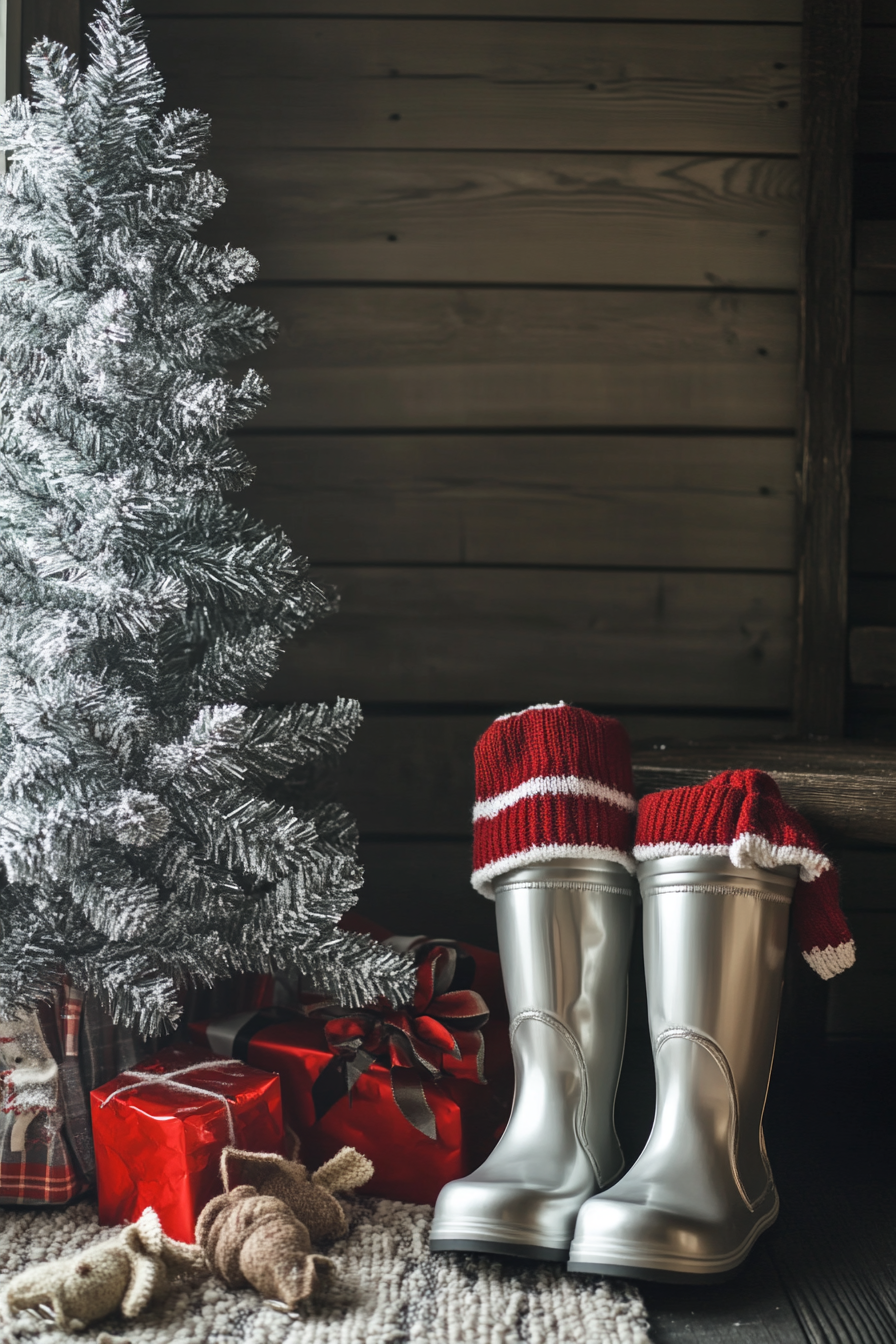 Retro holiday interior. Rubber boots and beanie next to a shiny aluminum tree.