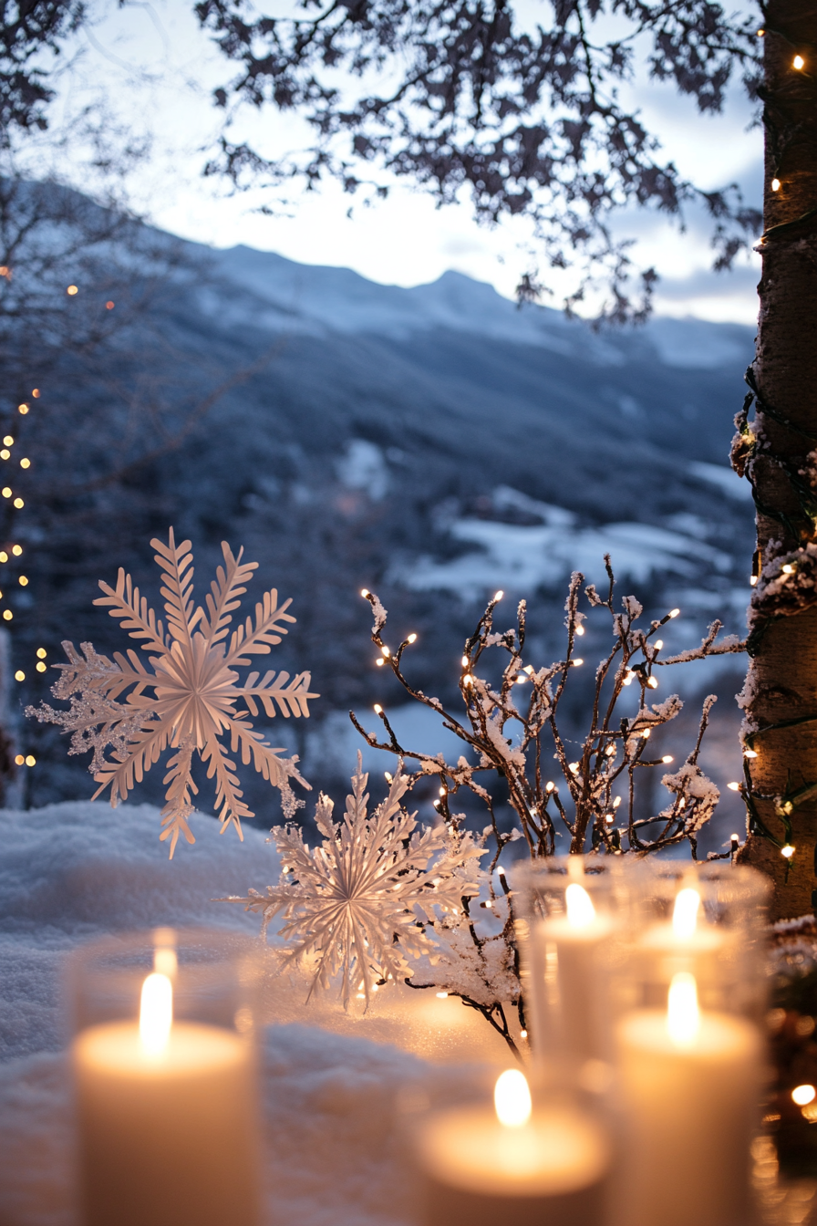 Modern Christmas decor view. White lights and paper snowflakes against a frost-covered valley.