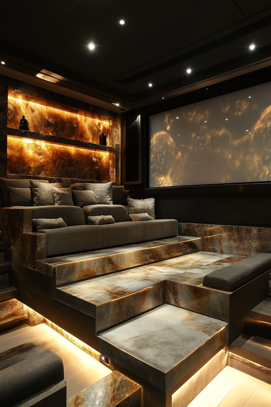 Contemporary tiny theater. Tiered quartz seating with projector wall.