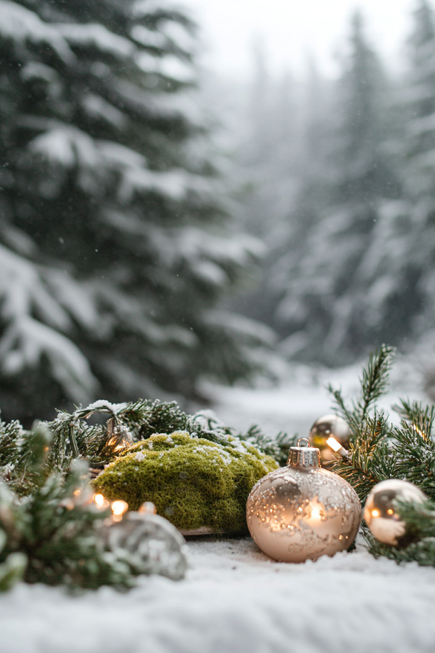 Wide angle view. Holiday decorations with whimsical moss details, amidst snowy pines.