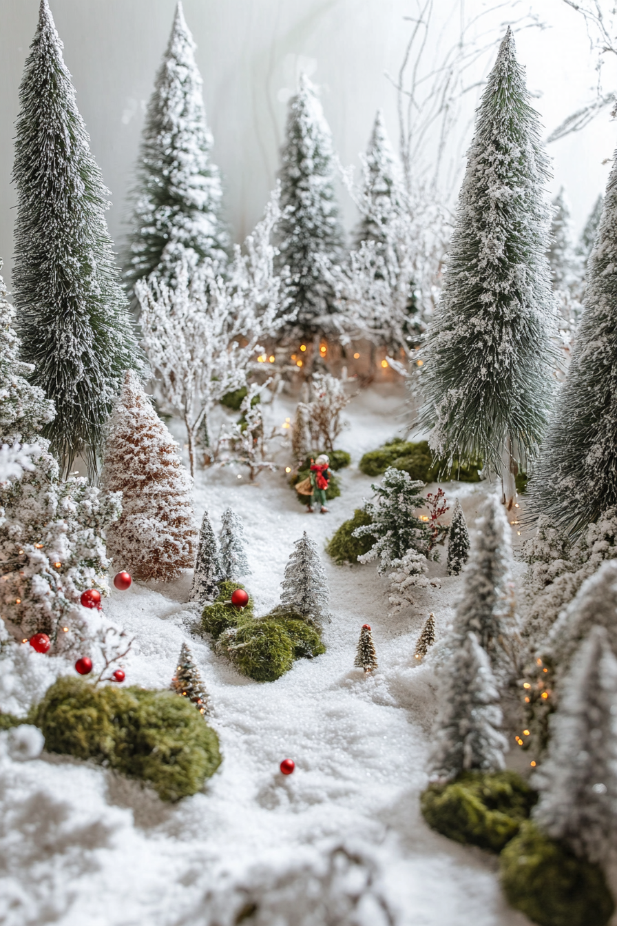 Wide angle view. Whimsical holiday space. Snowy pines encircling moss-detailed woodland decorations.