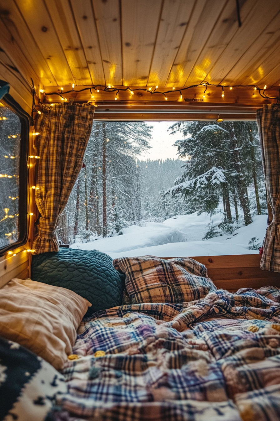 Wide angle view. Flannel bedding and string lights, with snowy landscape outside.