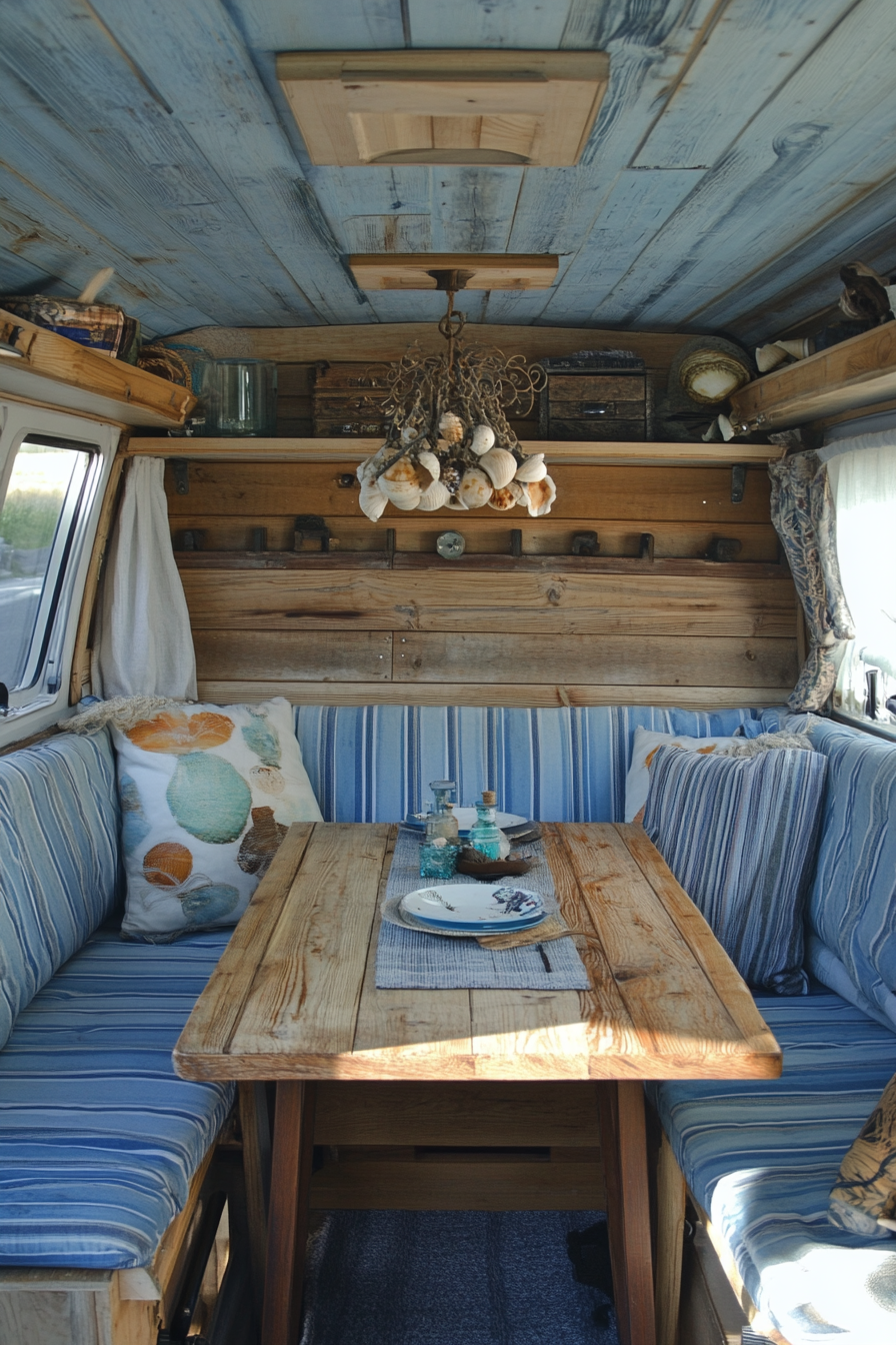 Van dining area. Blue striped seat cushions, fold-out wooden table, sea shell chandelier.