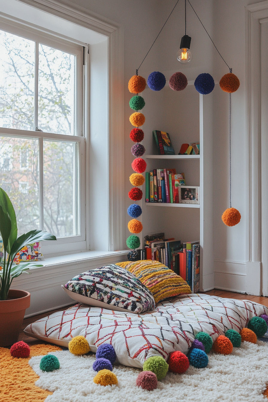 Reading corner. Suede cushion with geometric pattern, suede book light, bright rug, hanging multicolor Pom-Pom Garland.