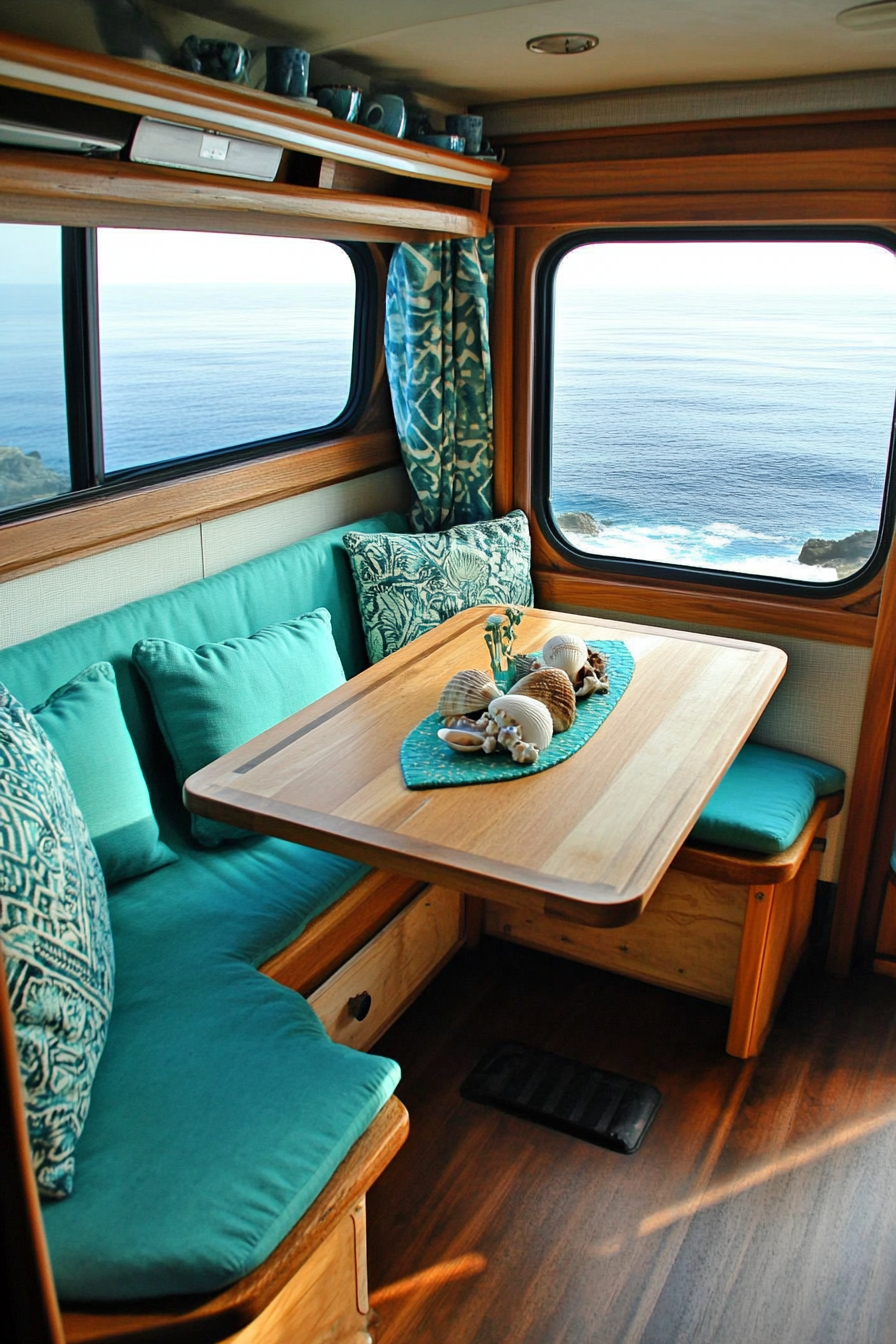 Van dining area. Teak fold-out table, seashell centerpieces, turquoise accented seat cushions, ocean-view windows.