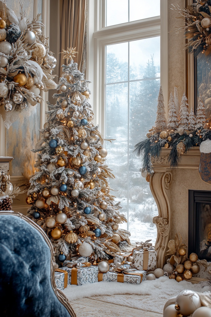 Elegant Christmas interior. Vintage ornaments, velvet ribbons, snow-covered village view in wide angle.