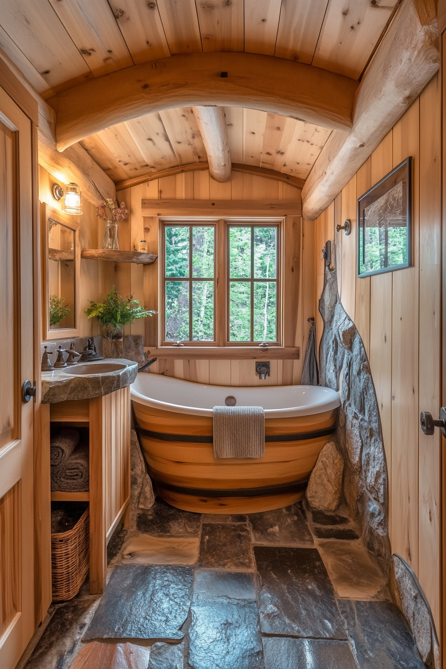 Wide-angle natural tiny house bathroom. Wooden soaking tub with stone accents.