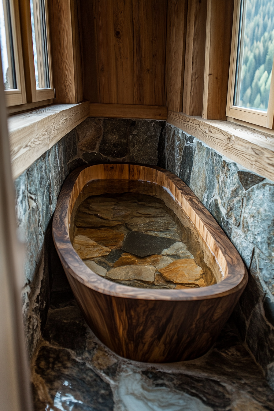 Natural tiny house bathroom. Wooden soaking tub with stone-packed walls, veined marble floors.