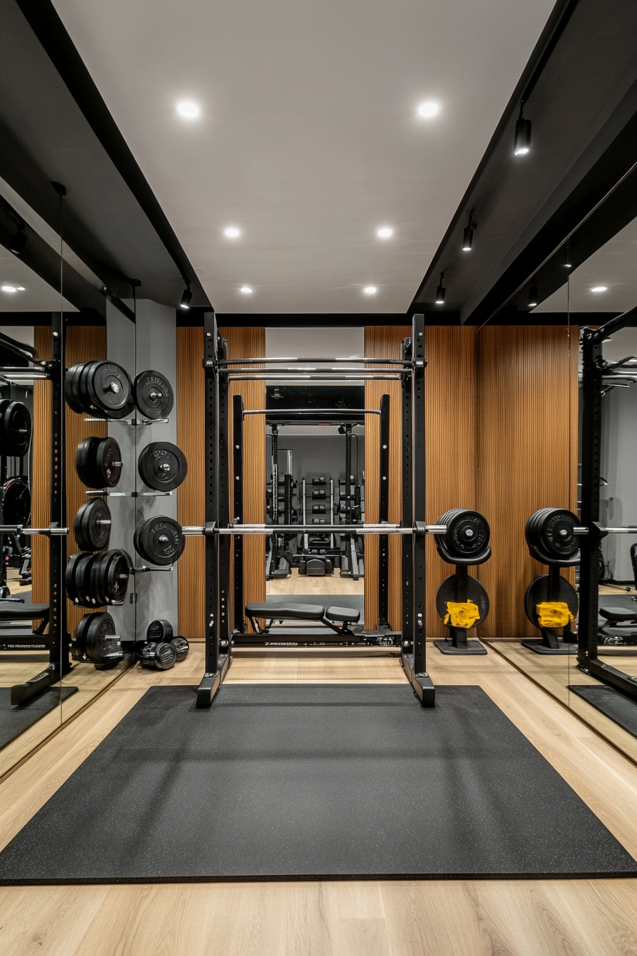 Contemporary tiny gym. Mirrored wall with barbell racks and rubber flooring.