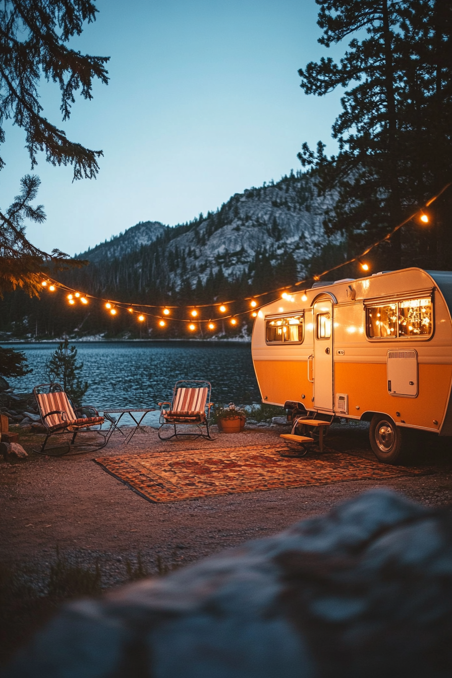 Wide-angle view. Retro-styled RV entrance, metal gliders, string lights, park beside mountain lake.