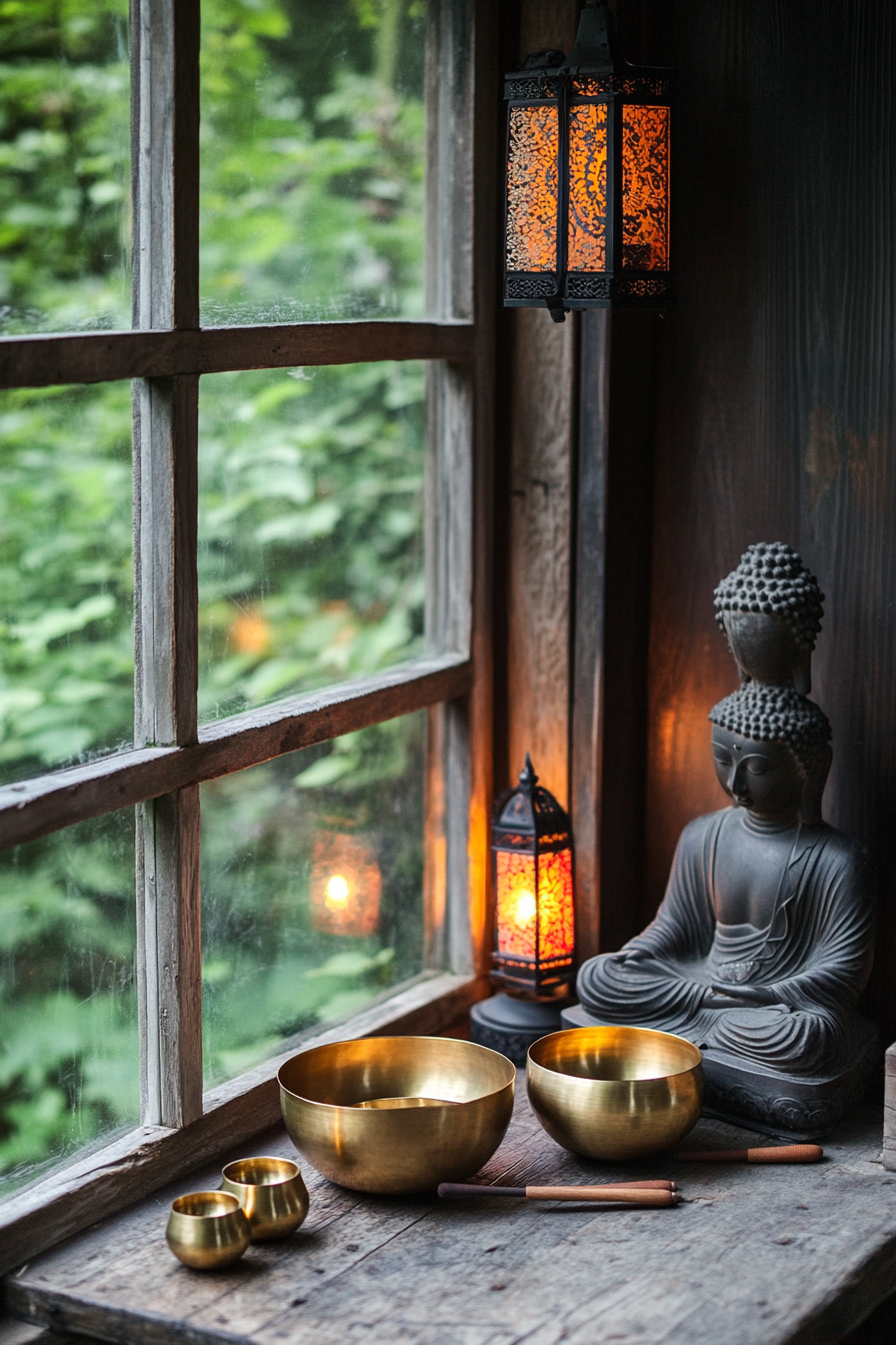 Zen-style van meditation room. Black sky lantern, brass singing bowls, Buddha statue.