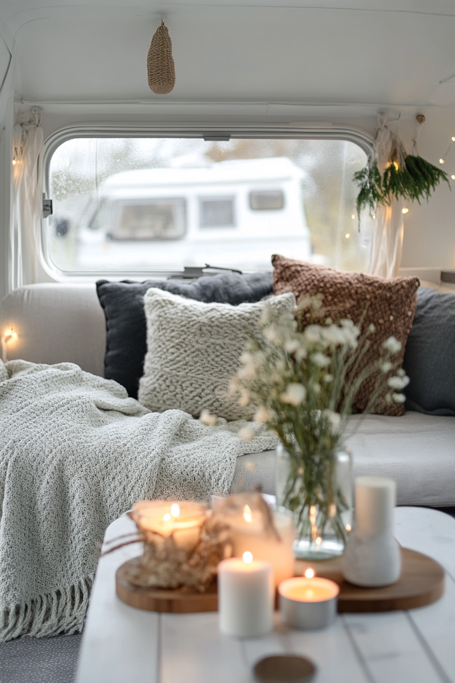 Scandinavian Camper Lounge. Hygge candles, grey wool throw, white birch wood coffee table.