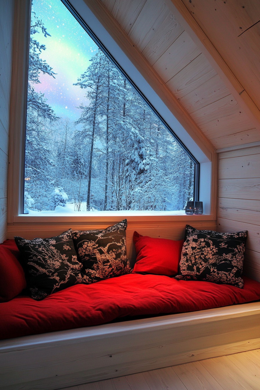 Scandinavian space. Red cushions, white windowsill, skylight view of northern lights.