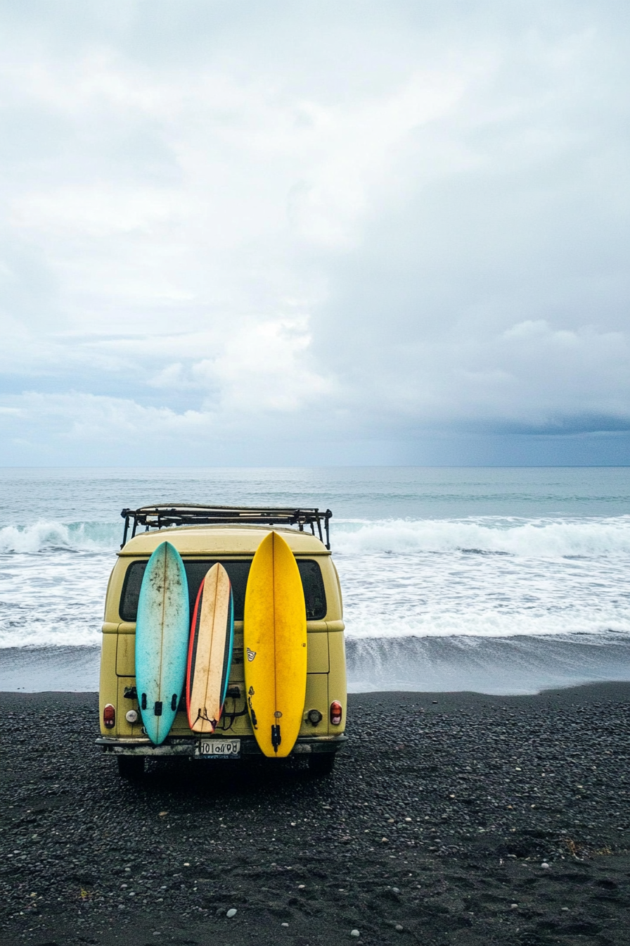 Wide-angle view. Van with surfboard racks, outdoor shower, on black sand beach with rolling waves.