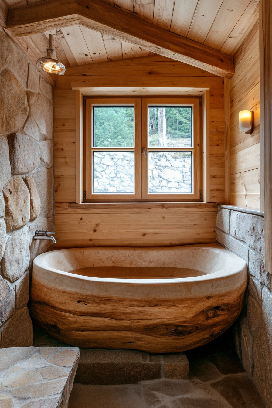 Wide angle natural tiny house bathroom. Wooden soaking tub with stone details.