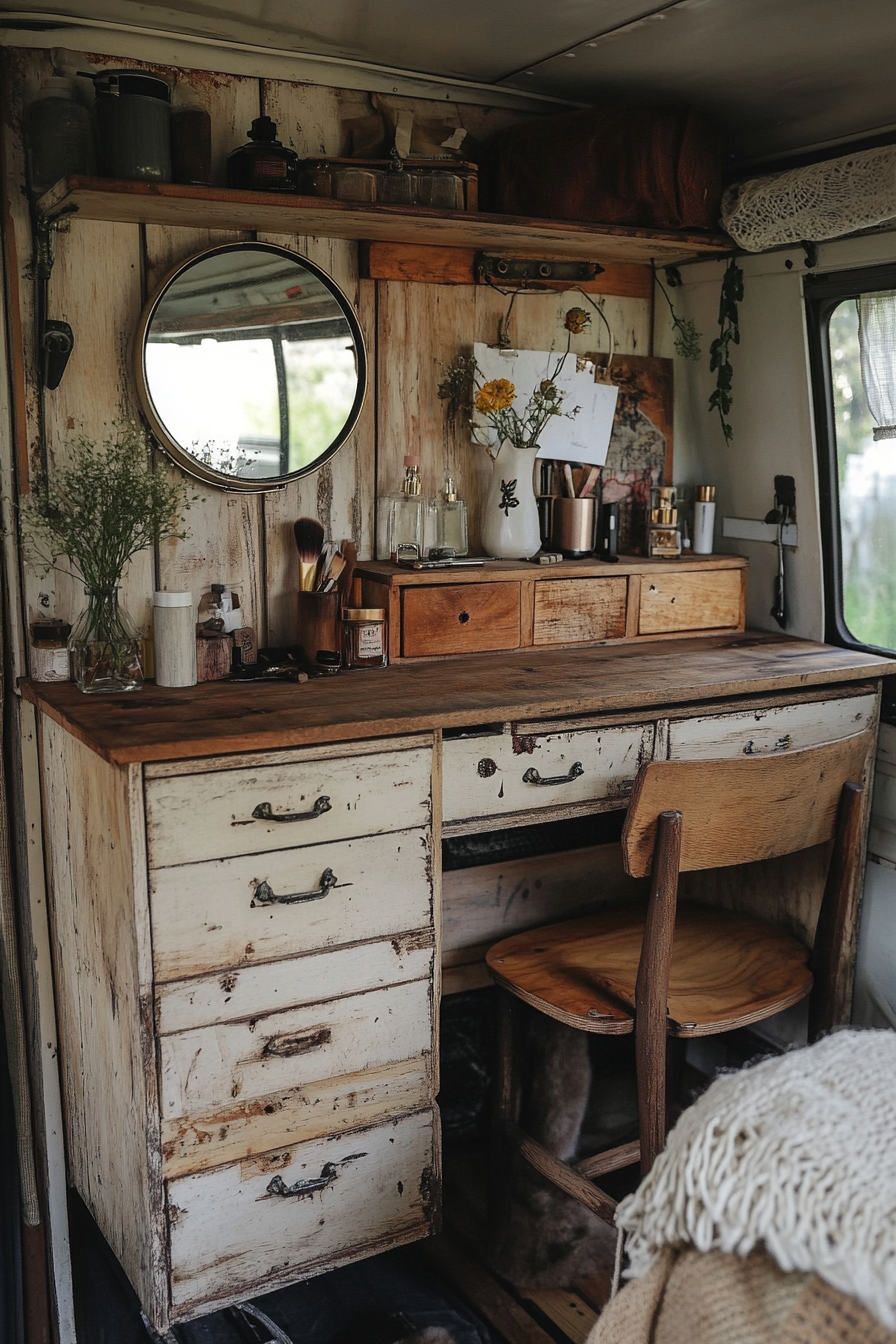 Van vanity area. Distressed wooden makeup drawers, solar-powered ring light, vintage trifold mirror.