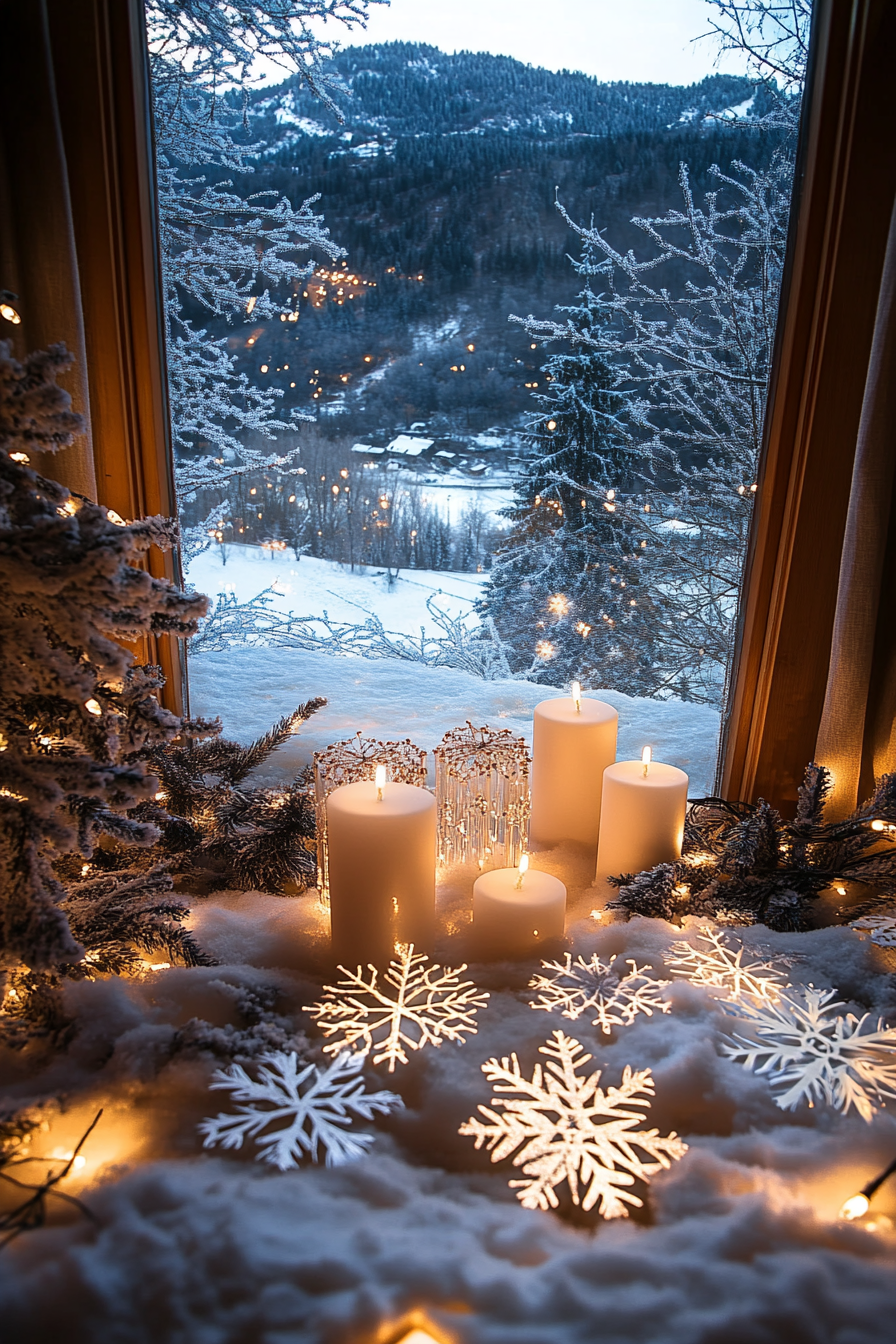 Modern Christmas decor. White lights, paper snowflakes, wide-angle view of a frost-covered valley.