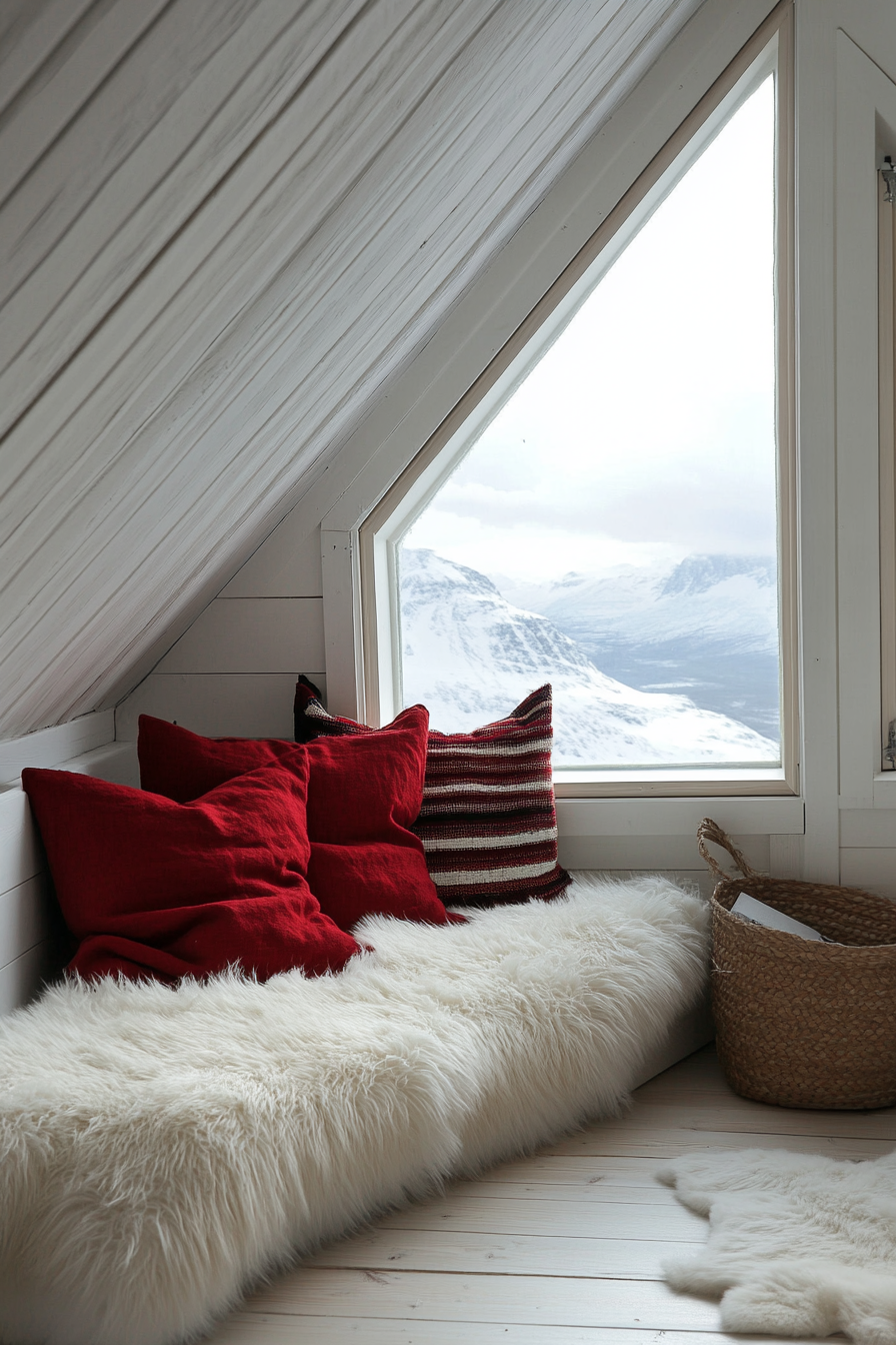 Scandinavian-inspired space. Red throw pillows, white fur rug, skylight showcasing the Northern Lights.