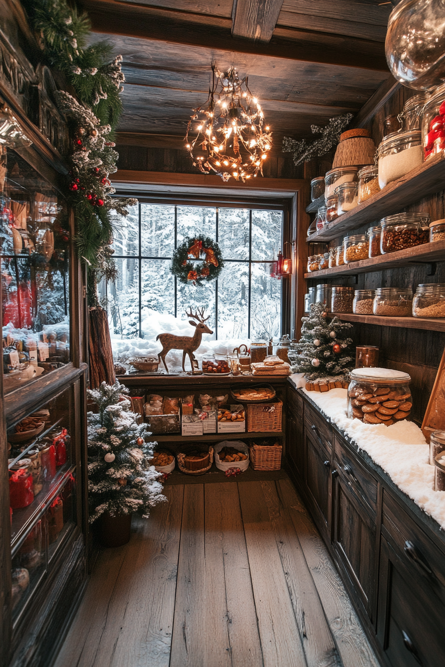 Wide angle view. Holiday baking haven, cookie station, spice storage, deer in snowy meadow.