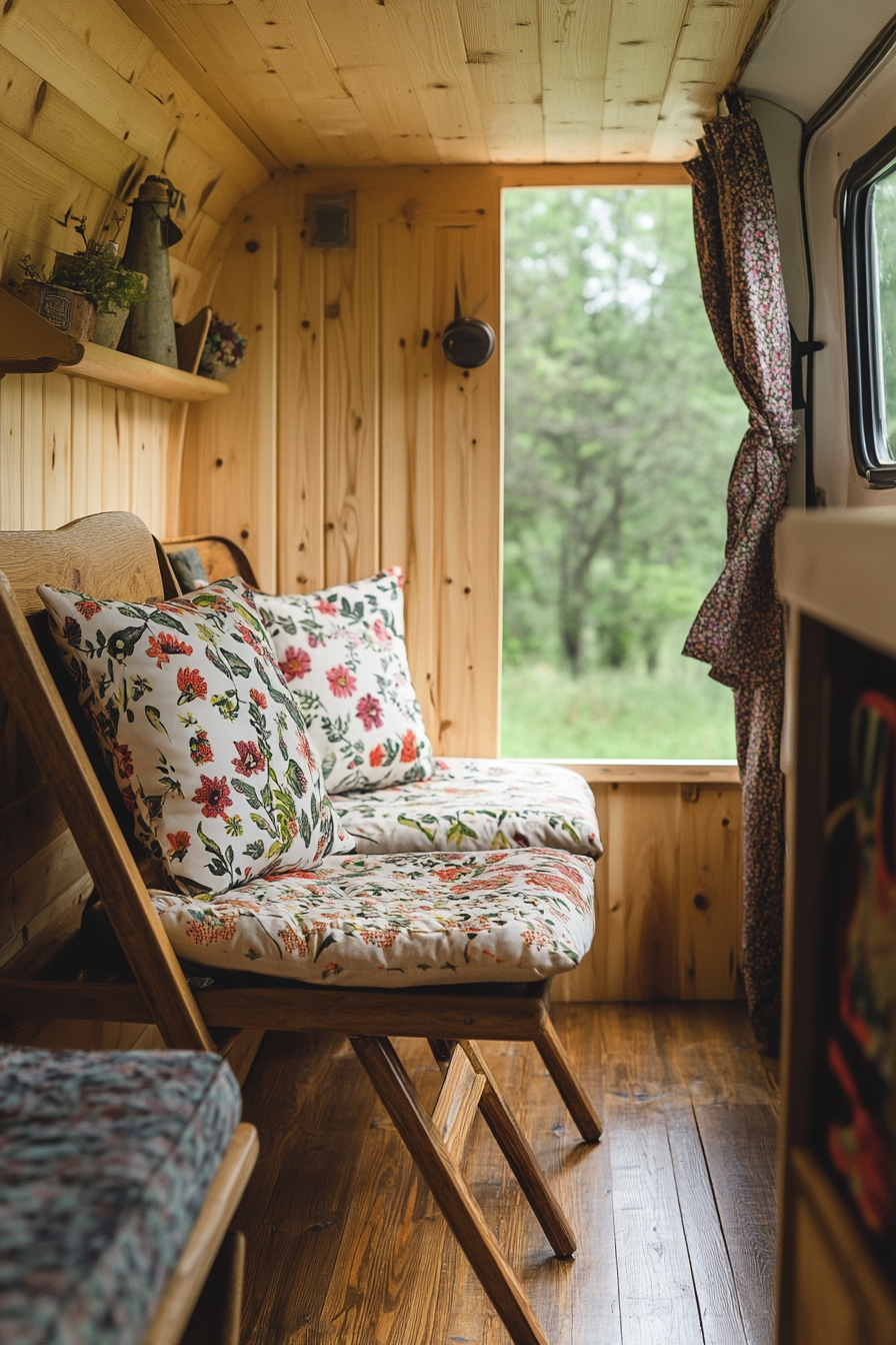 Van lounge. Pine paneling with wildflower printed cushions on antique camper chairs, overlooking tree line.