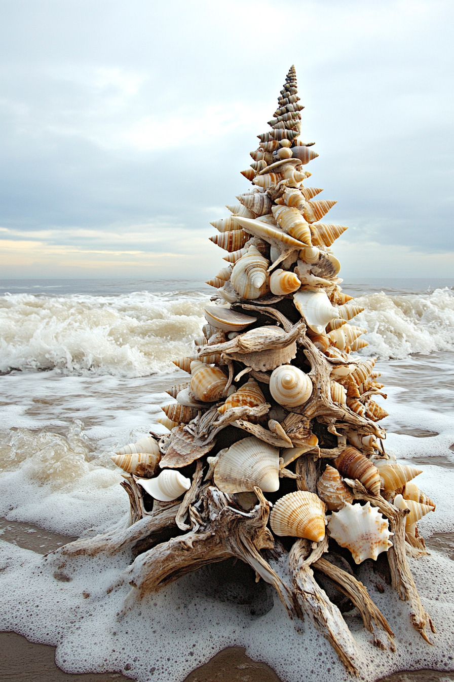 Holiday decor. Driftwood tree adorned with shell ornaments facing turbulent winter waves.